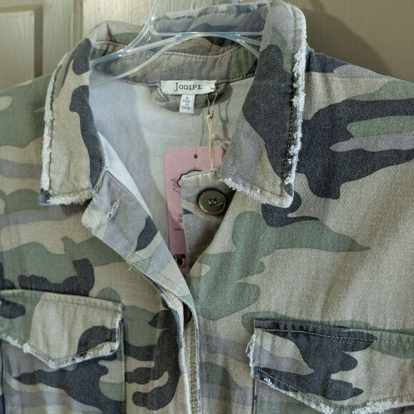 Jodifl Camo Jacket Denim Military Cargo Coat oversize Camouflage Jean Button Up - Picture 10 of 11
